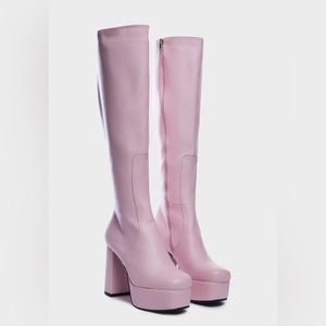 Brand New Dolls Kill La Moda Whatta Showdown Baby Pink Platform Tall Boots